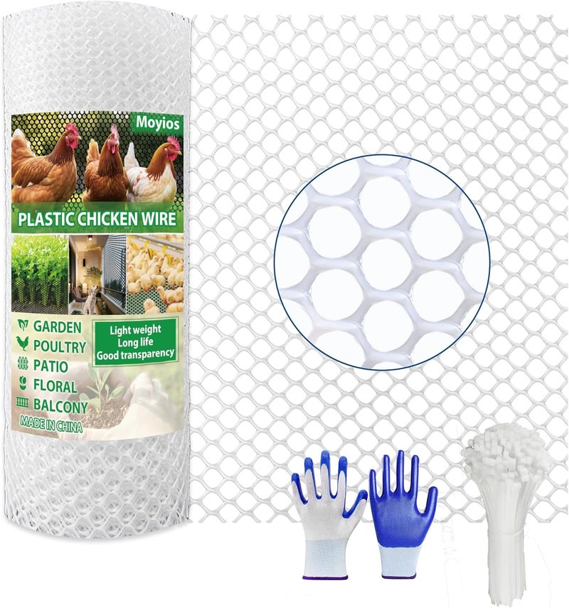 Moyios White Plastic Chicken Wire mesh 15.7IN x 33FT,Plastic Chicken Wire Fencing,Poultry Netting,Plastic mesh for Garden,Balcony Fence,Chicken Wire Frame for Crafts, Floral Mesh.with 100 Ties - Image 1